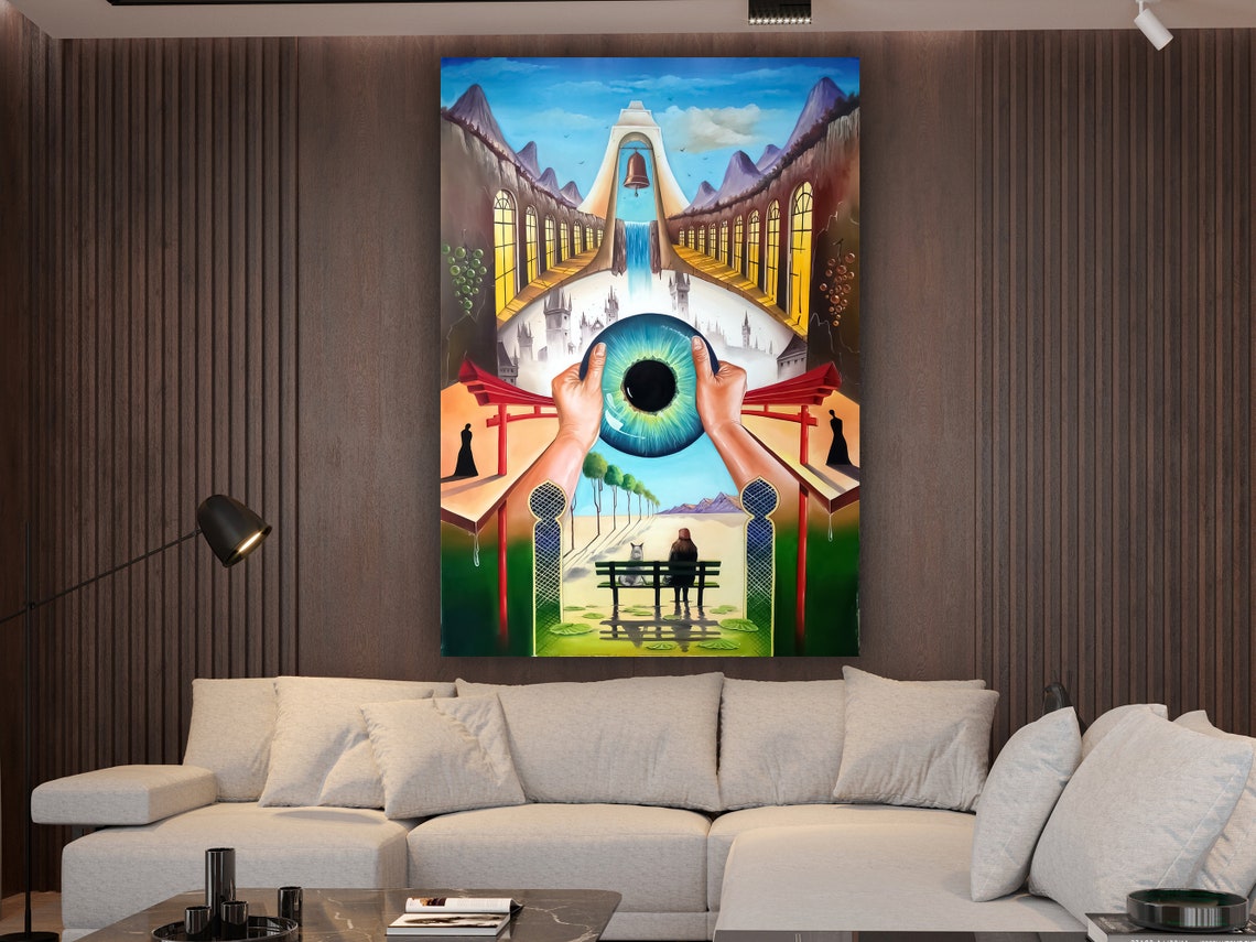 Surreal Giant Eye Held Between Hands Dreamlike Waterfall Scene Poster - Image 2
