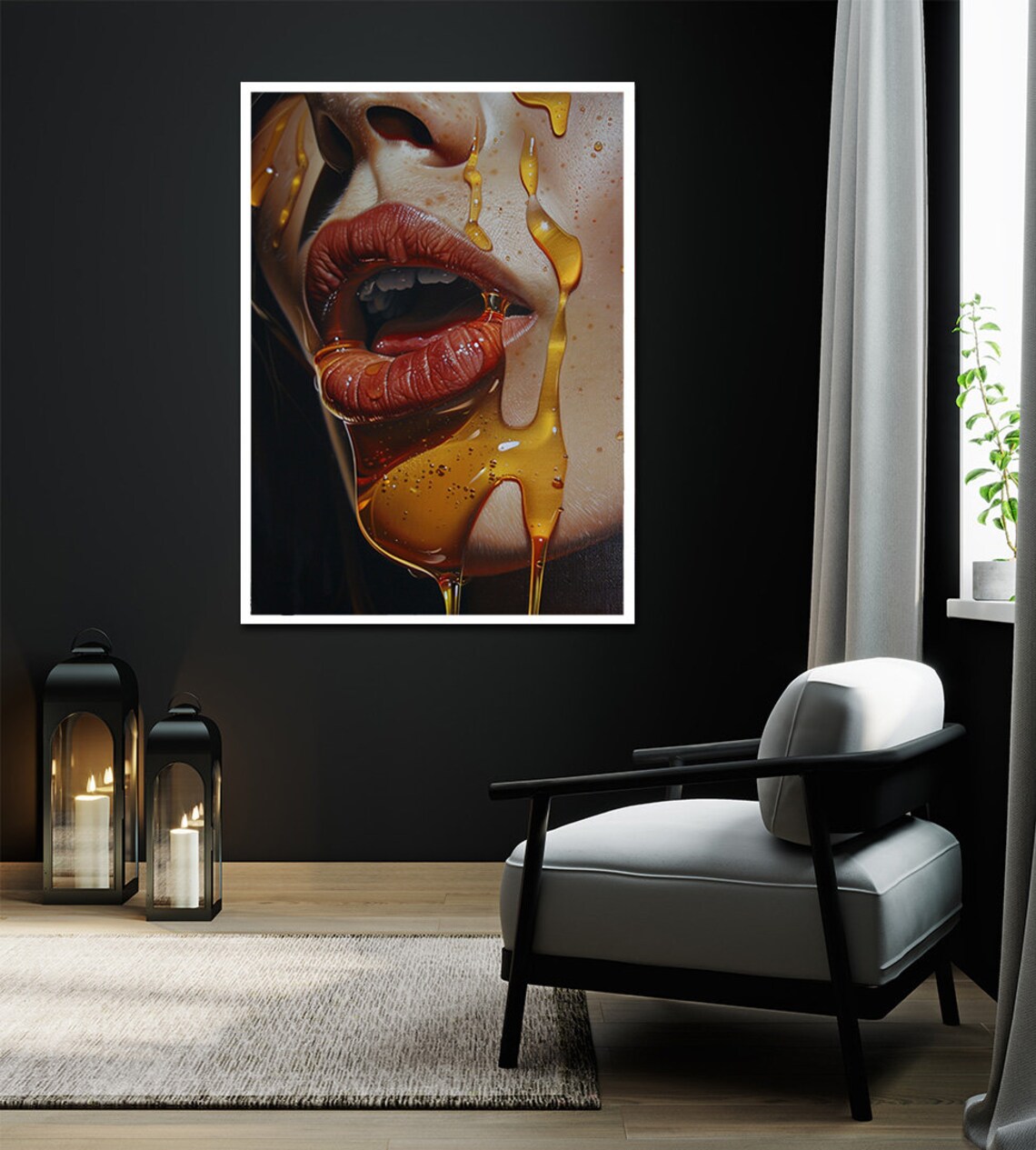 Woman's Lips Close Up with Dripping Golden Syrup Sensual Oil Poster - Image 2