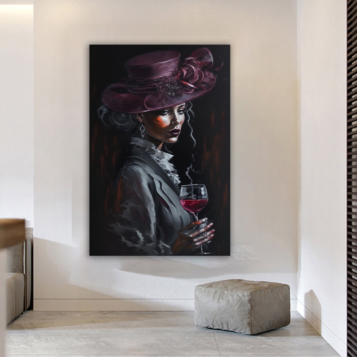 Woman in Burgundy Hat with Red Wine Glass Dark Moody Portrait Art Poster - Image 2