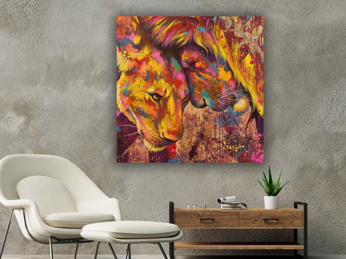 Lion And Lioness Nuzzling Colorful Abstract Wildlife Art Poster