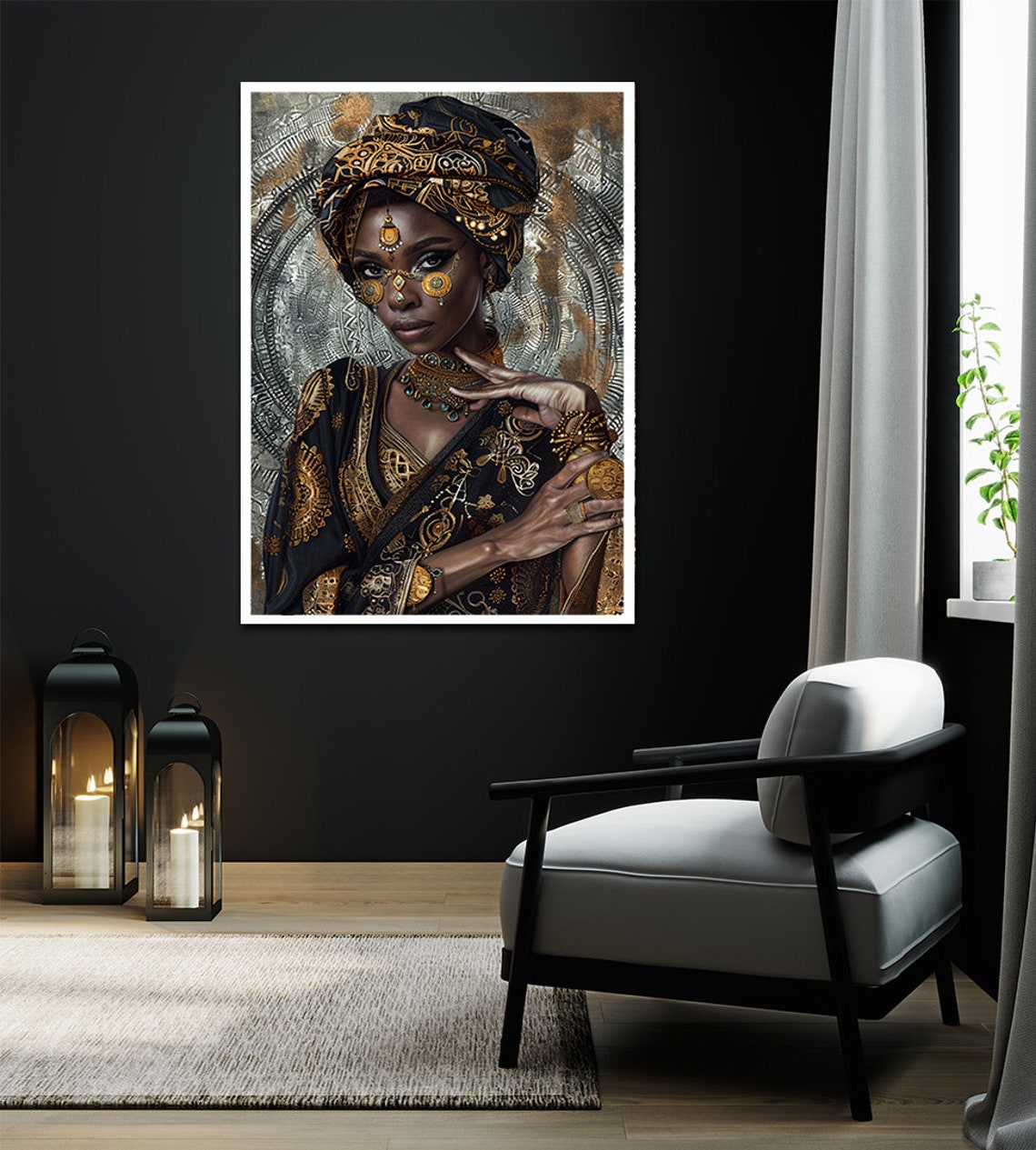 African Woman Portrait Gold and Black Headwrap Regal Modern Art Poster - Image 2