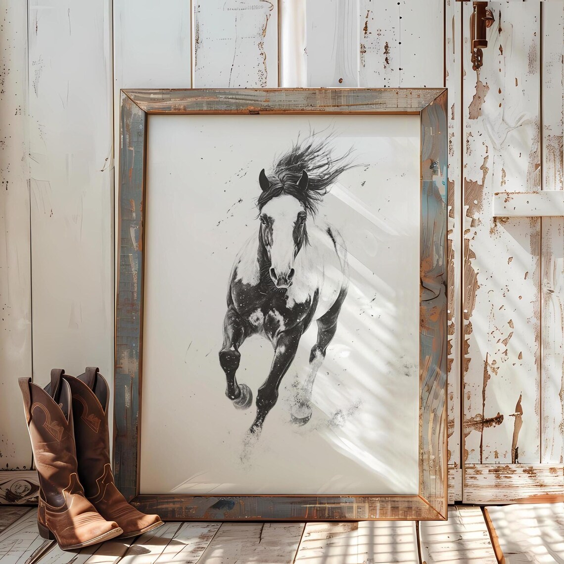 Appaloosa Horse Running Charcoal Sketch Black and White Ranch Poster