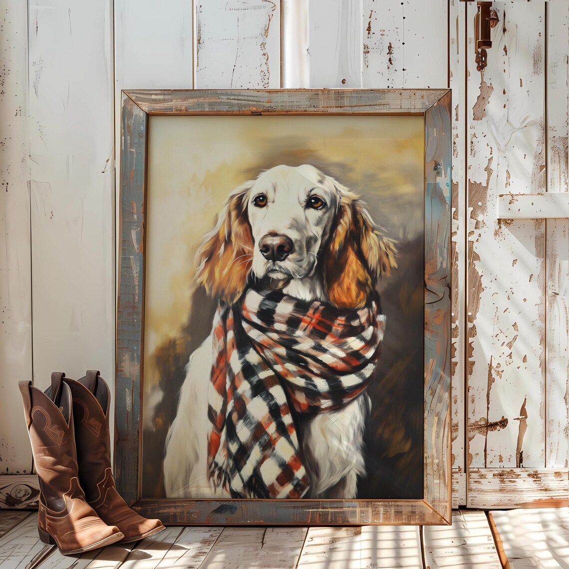 English Setter Dog in Plaid Scarf Oil Painting Christmas Art Poster