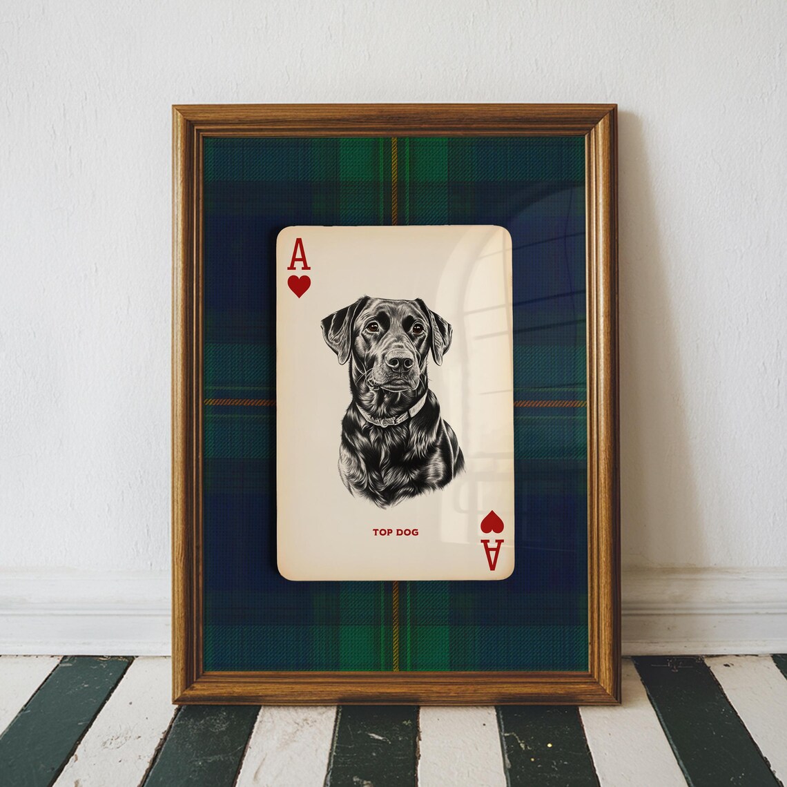 Black Lab Ace Of Hearts Rustic Plaid Art Print