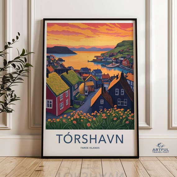 Tórshavn Faroe Islands Harbor Sunset Colorful Nordic Travel Poster