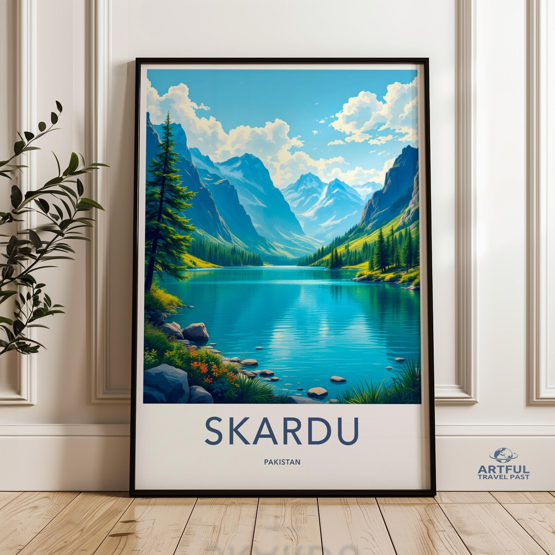 Skardu Pakistan Turquoise Alpine Lake Snowy Peaks Travel Poster