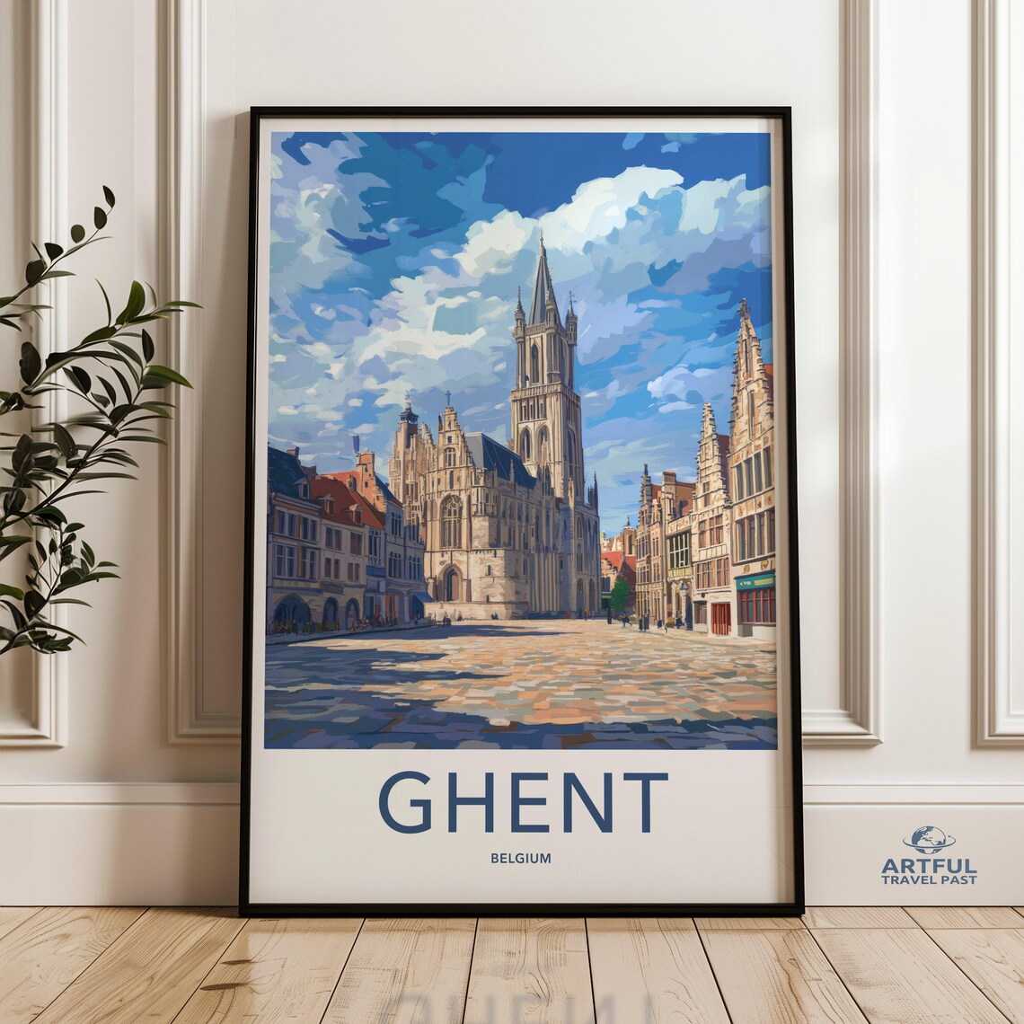 Ghent Belgium Saint Bavo Cathedral Cobblestone Square Travel Poster