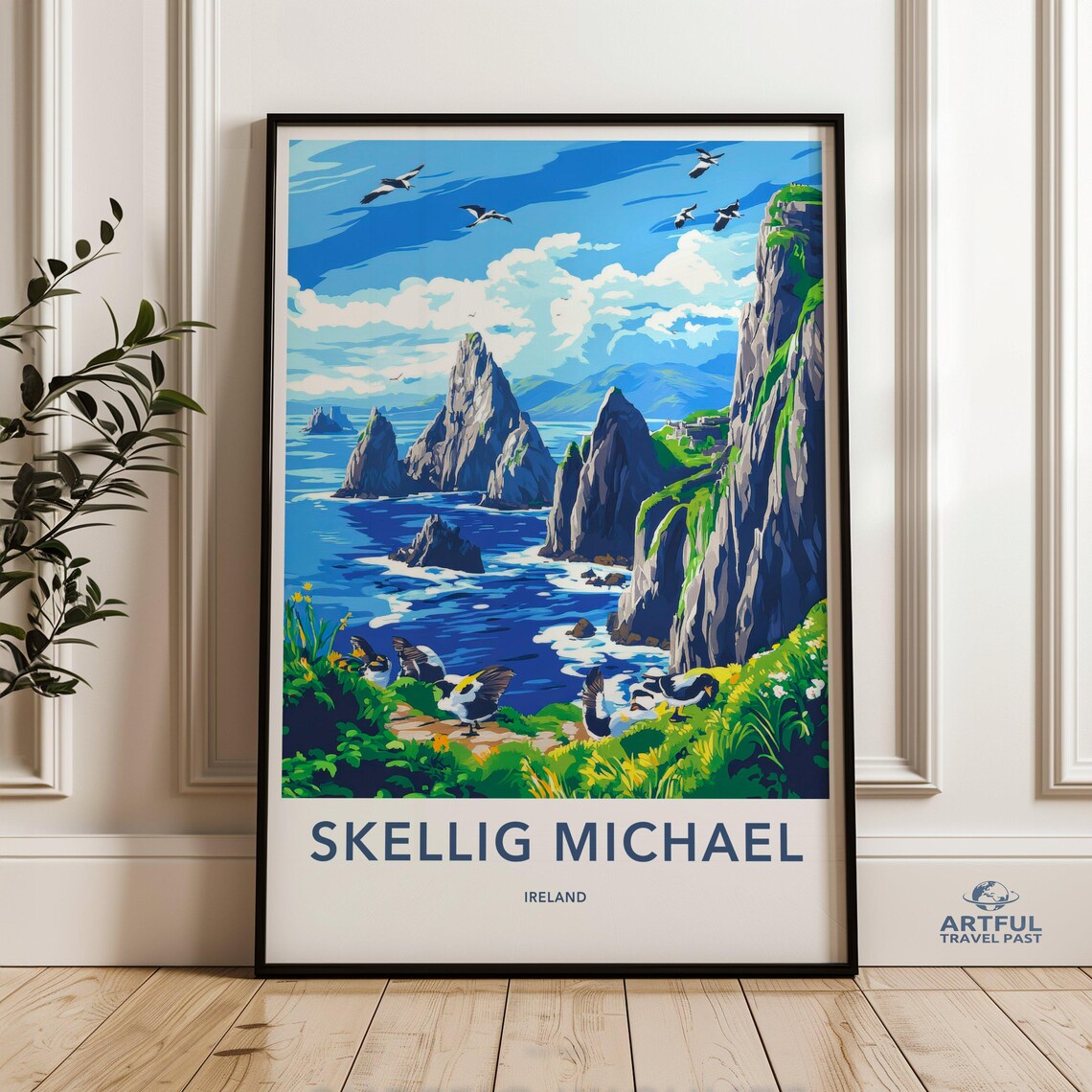 Skellig Michael Ireland Puffins Cliffs Sea Birds Travel Poster