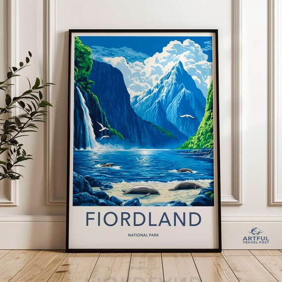 Fiordland National Park Waterfall Seals New Zealand Travel Poster
