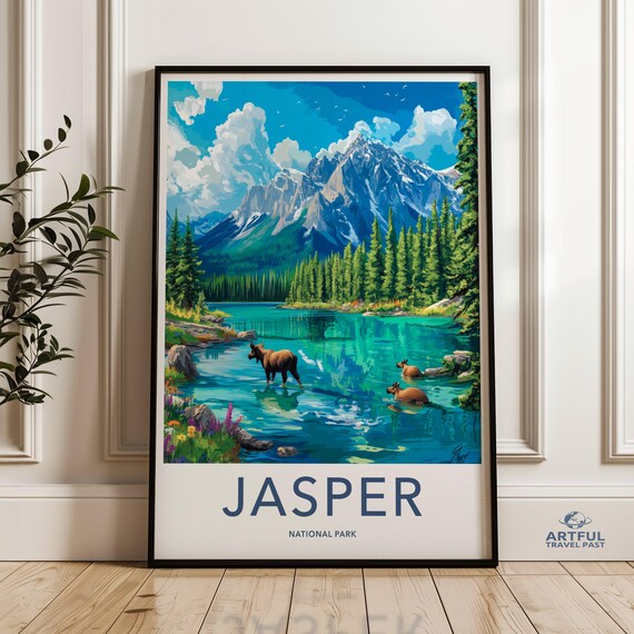 Jasper National Park Moose Turquoise Lake Mountain Scene Poster