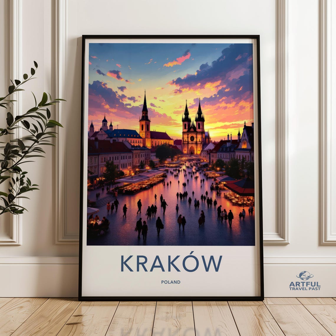 Krakow Poland Old Town Dusk Church Towers Crowded Square Travel Poster