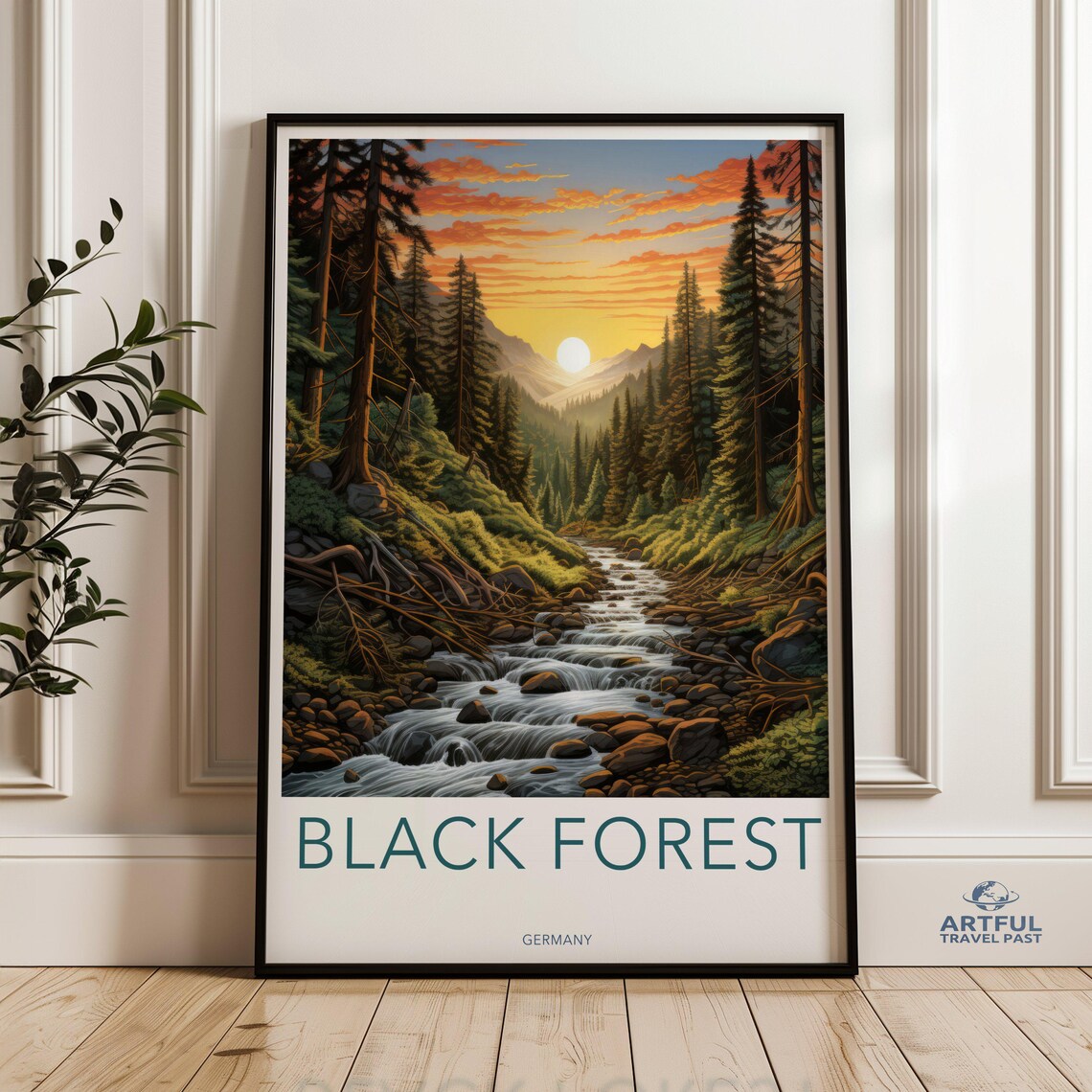 Black Forest Germany Travel Poster Mountain River Sunset Nature Decor
