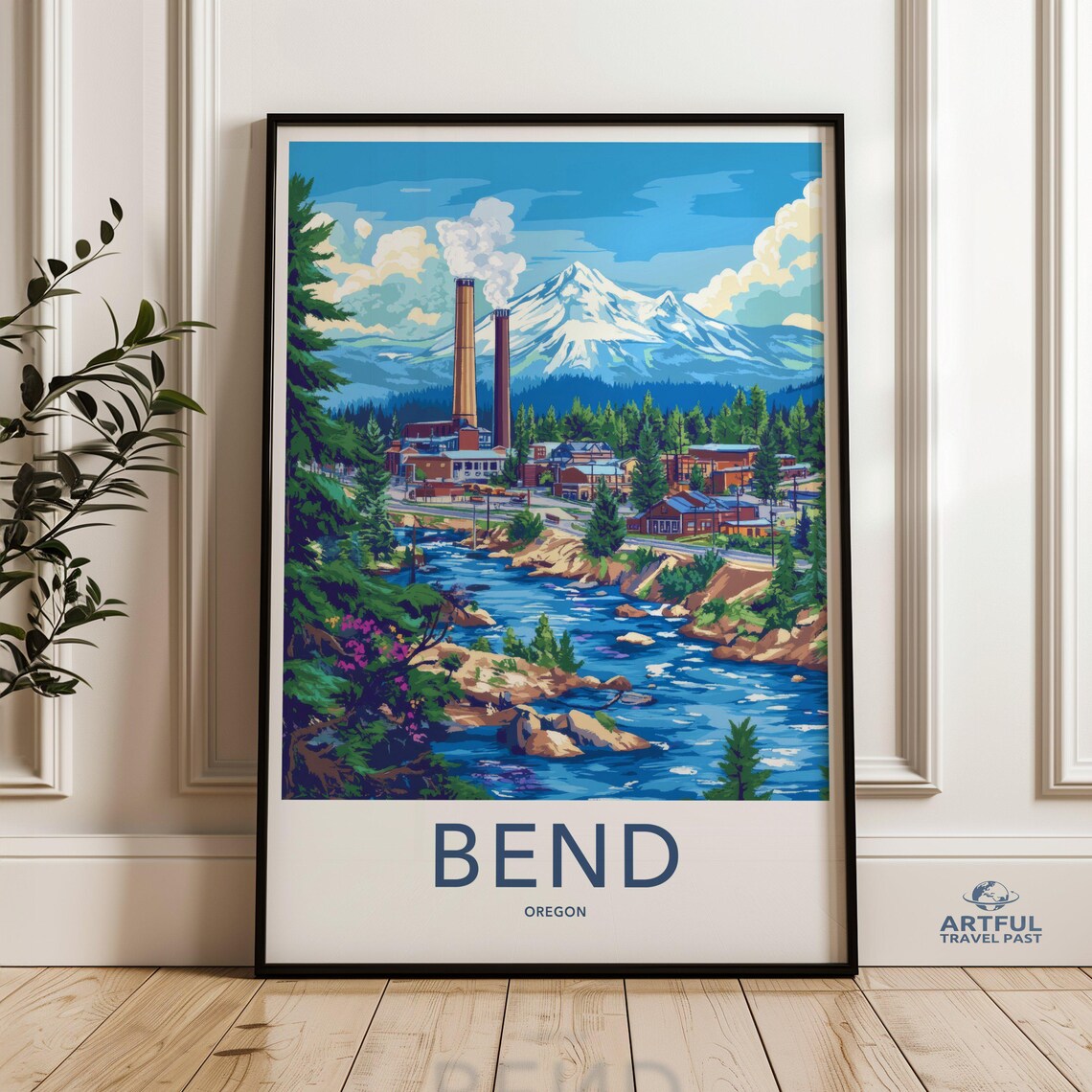 Bend Oregon River Old Mill Snowy Mountain Vintage Travel Poster