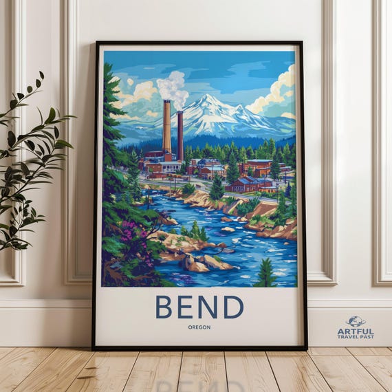 Bend Oregon Wall Art Mountain Landscape Print Cityscape Artwork Home Decor Travel Poster Scenic View Painting