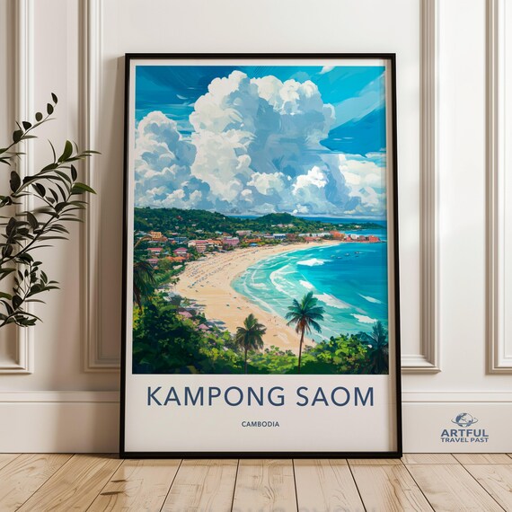 Kampong Saom Cambodia Beach Poster with Palm Trees and Turquoise Coast Art