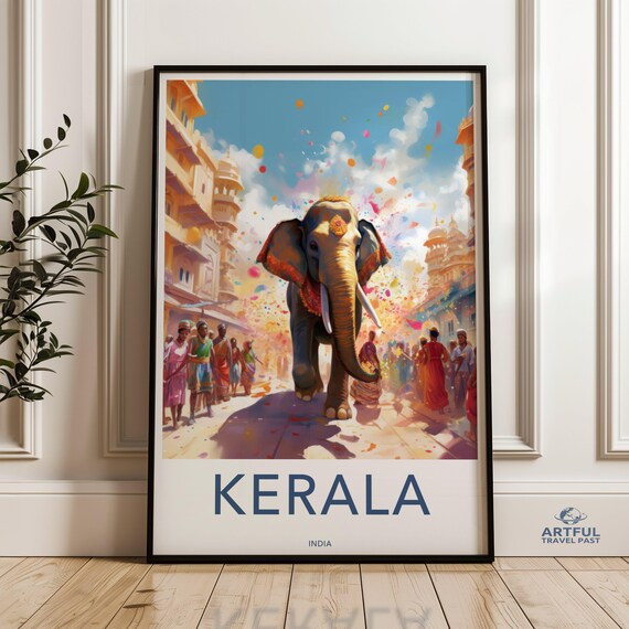 Kerala India Wall Art Vibrant Elephant Parade Artwork Cultural Decor Colorful Festive Print Traditional Asian Painting