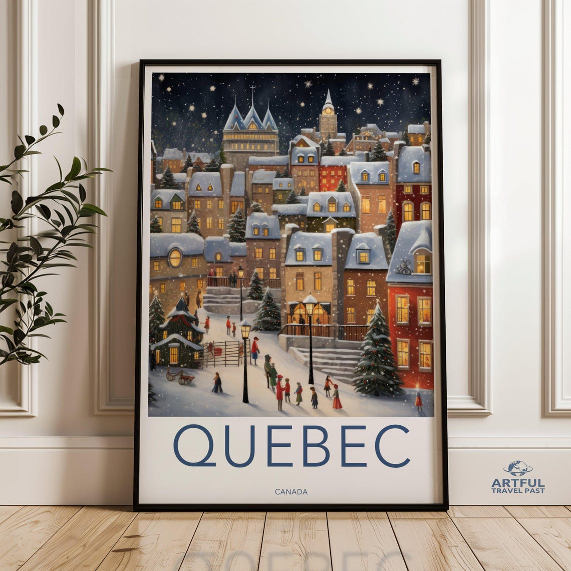 Quebec Canada Snowy Old Town Winter Christmas Scene Travel Poster