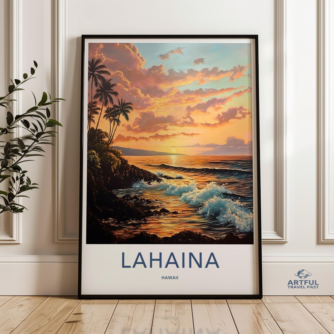 Lahaina Hawaii Sunset Beach Travel Poster Palm Waves Tropical Art
