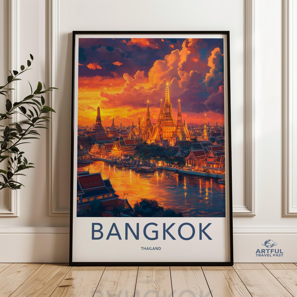 Bangkok Thailand Golden Riverside Temples Sunset Travel Poster
