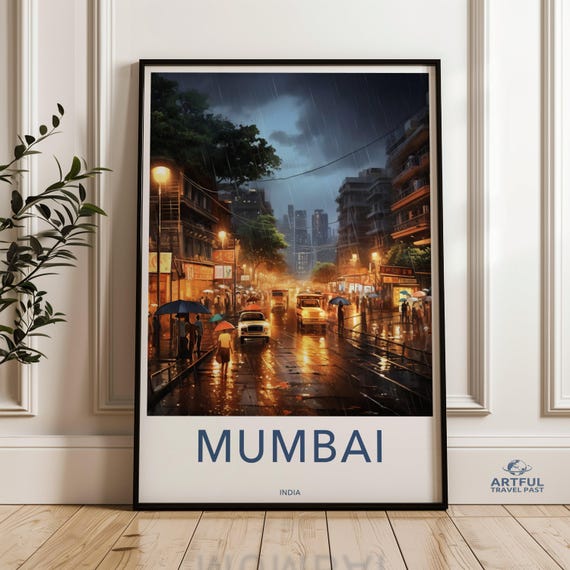 Mumbai Wall Art Urban Street Scene Modern Cityscape Rainy Night Print Architecture Vibrant City Life Home Decor