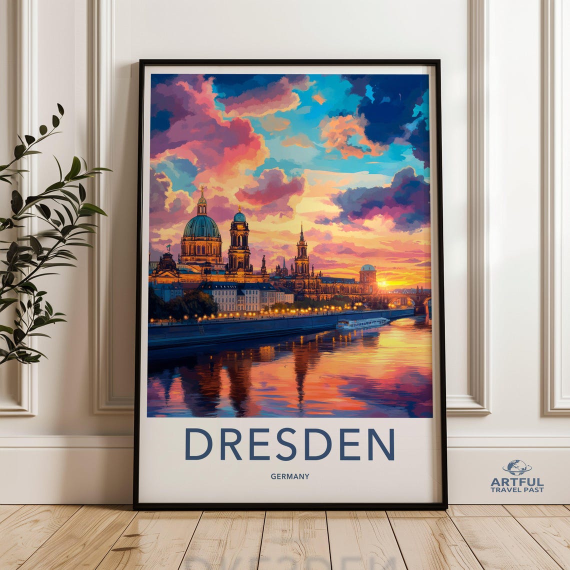 Dresden Germany Sunset Skyline River Reflections Cityscape Poster