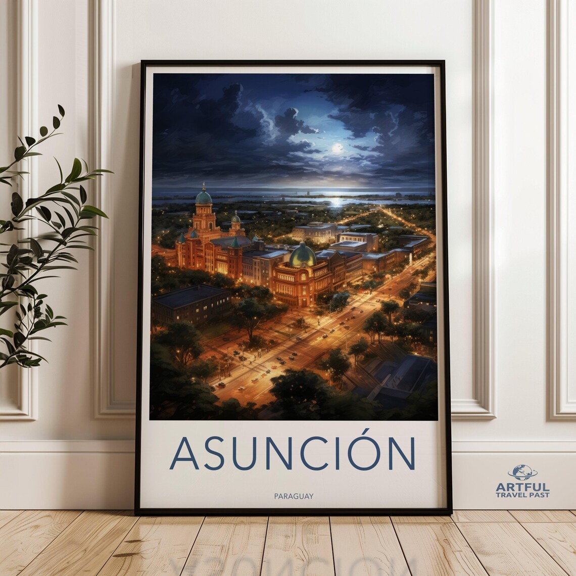 Asuncion Paraguay Night City Lights Historic Downtown Travel Poster