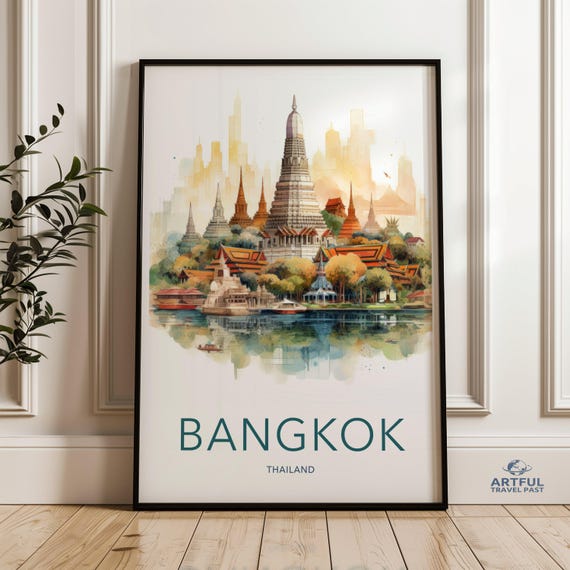 Bangkok Travel Poster Cityscape Wall Art Thailand Temple Print Southeast Asia Landmark Decor