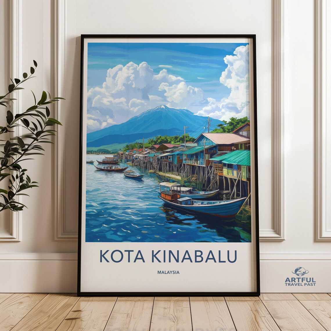 Kota Kinabalu Malaysia Stilt Village Mount Kinabalu Travel Art Poster