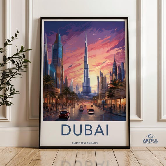 Dubai Skyline Framed Poster Vibrant Cityscape Wall Art Modern Architectural Decor At Sunset Uae Print Iconic Landmark