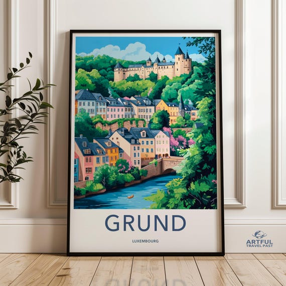 Grund Luxembourg Wall Art Cityscape Print Castle Decor Travel Poster Colorful Buildings European Landmark River View Home