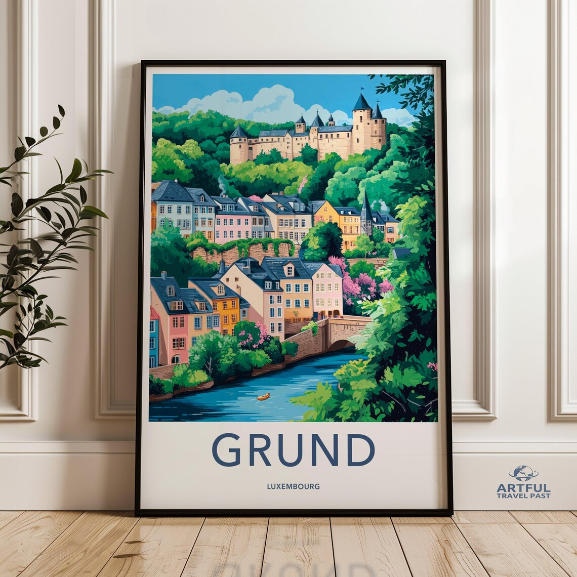Grund Luxembourg Travel Poster Historic Castle River Town Art