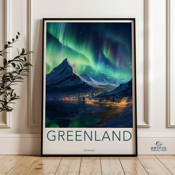Greenland Denmark Northern Lights Snowy Mountain Village Travel Poster