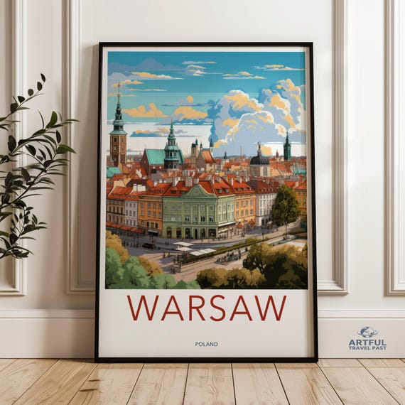 Warsaw Poland Cityscape Wall Art Vintage Travel Poster European Decor Retro Style Print Home And Office