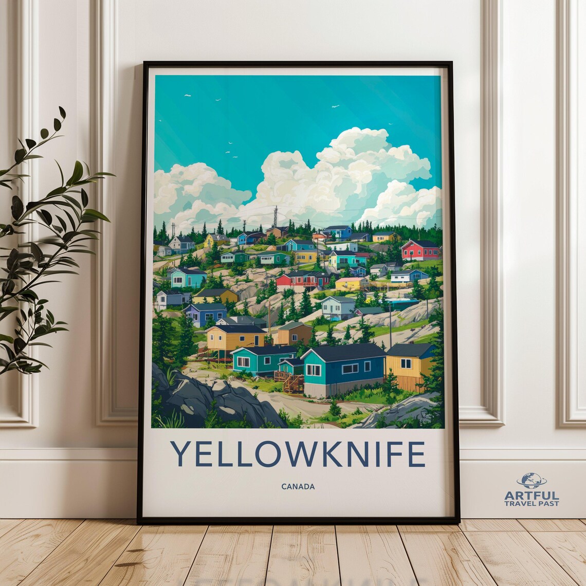 Yellowknife Canada Colorful Hillside Village Retro Travel Poster