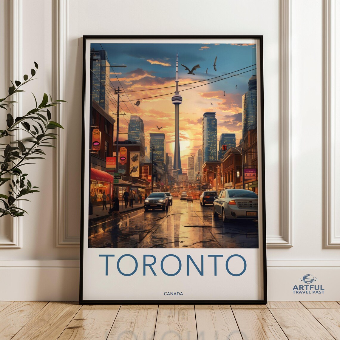 Toronto CN Tower Sunset City Street Vintage Travel Style Poster