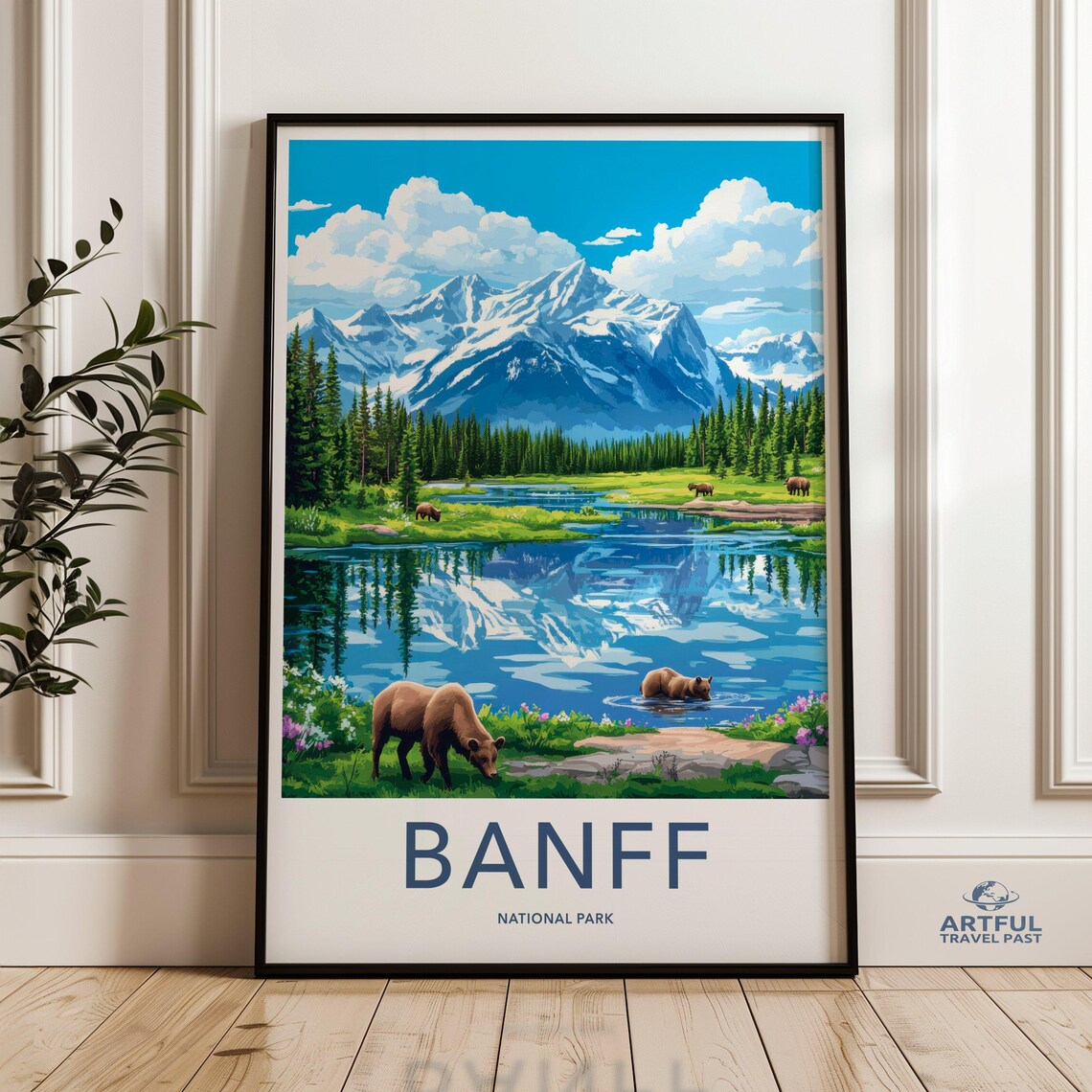 Banff National Park Bears Mountain Lake Vintage Travel Poster