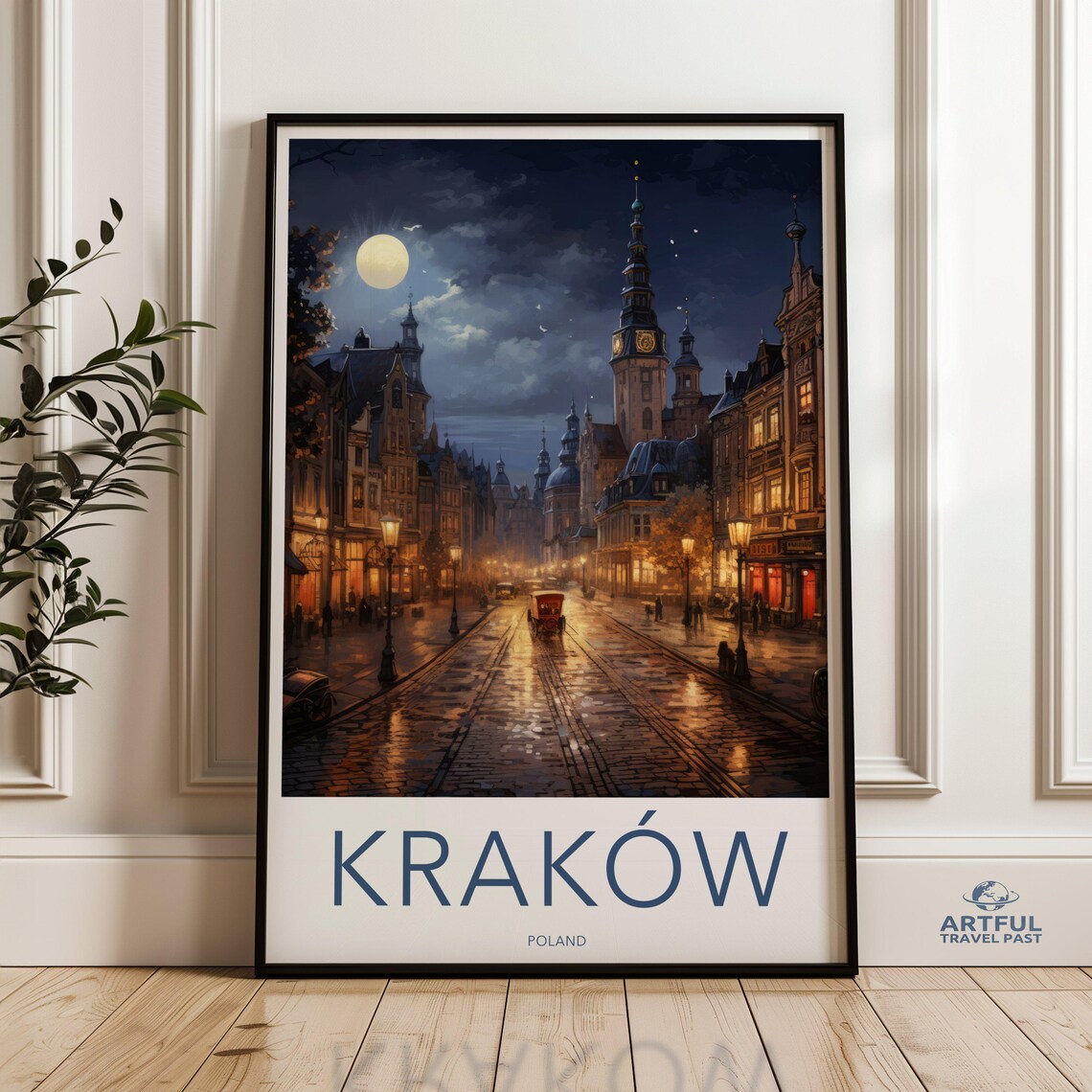 Krakow Poland Moonlit Old Town Street Night Skyline Travel Poster