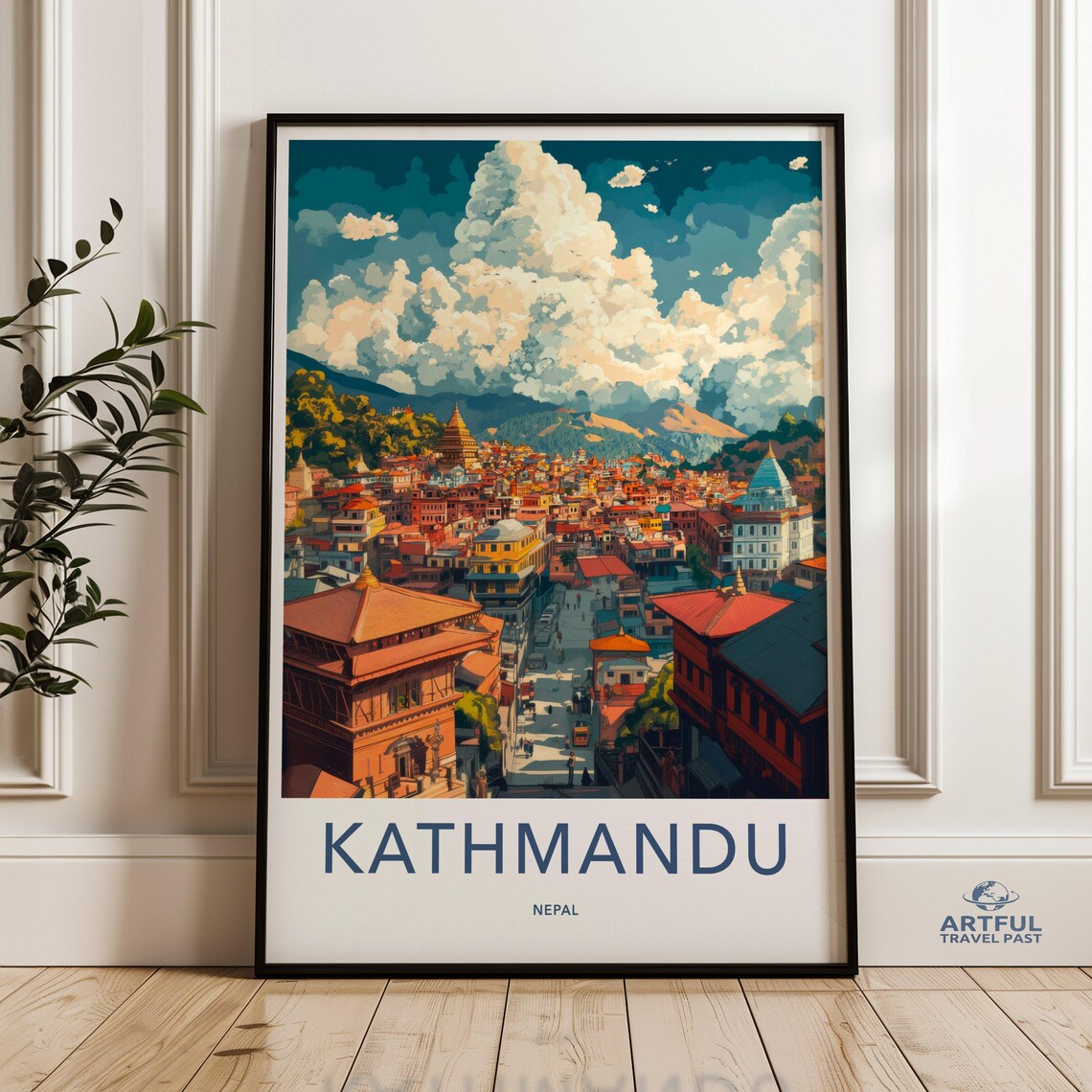 Kathmandu Nepal Colorful Cityscape Himalaya Travel Poster Art