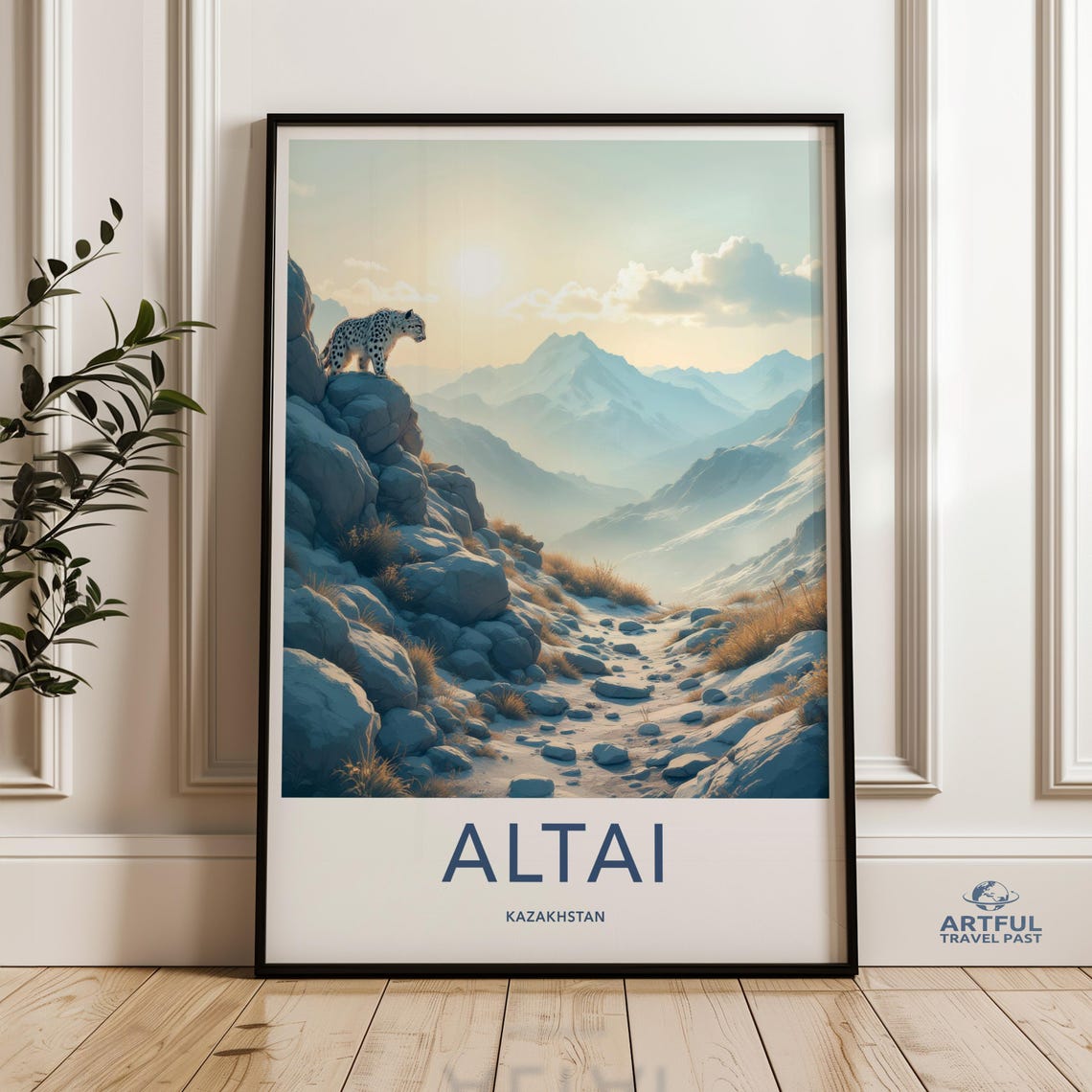 Altai Kazakhstan Snow Leopard Rocky Cliffs Mountain Sunrise Poster