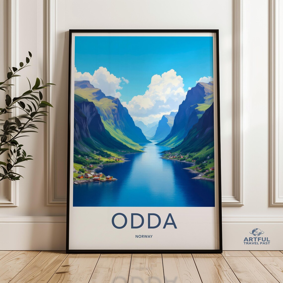 Odda Norway Fjord Deep Blue Water Village Vintage Travel Poster