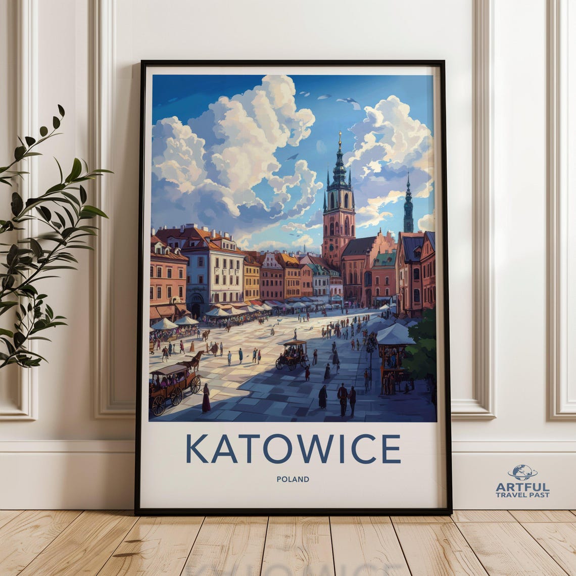 Katowice Poland Historic Market Square Travel Poster Skyline Art