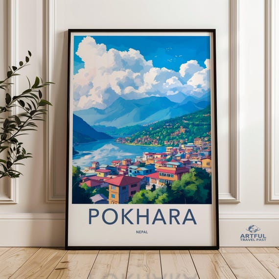 Pokhara Nepal Wall Art Print Lake And Mountain Scenery Poster Travel Landscape Illustration Colorful City View Decor