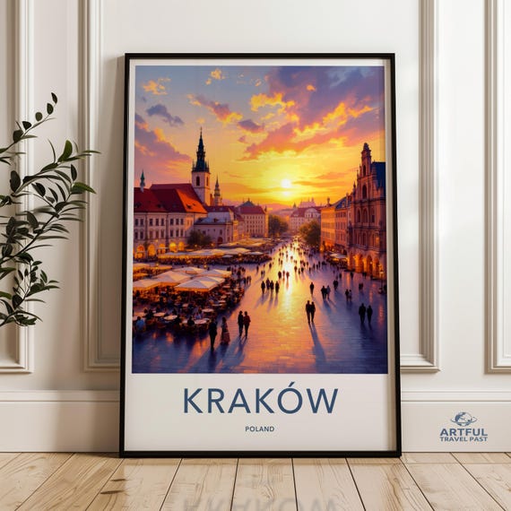 Krakow Wall Art Print Poland Travel Poster Cityscape European Destination Decor Sunset Scene Artwork City