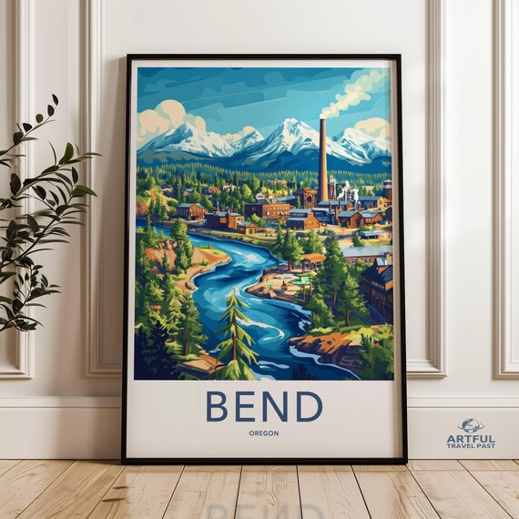 Bend Oregon Scenic Snowy Mountain River Vintage Travel Poster