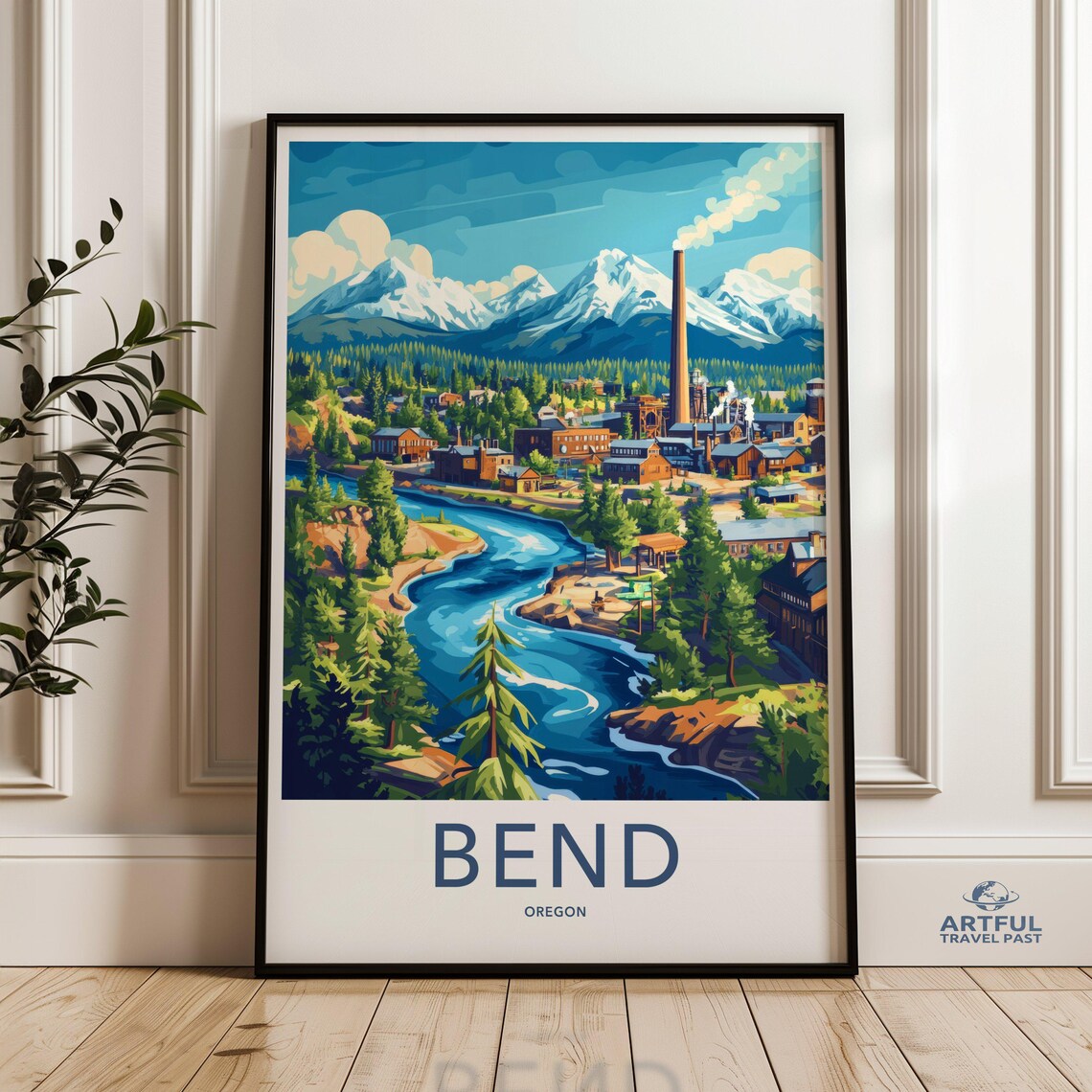 Bend Oregon Scenic Snowy Mountain River Vintage Travel Poster