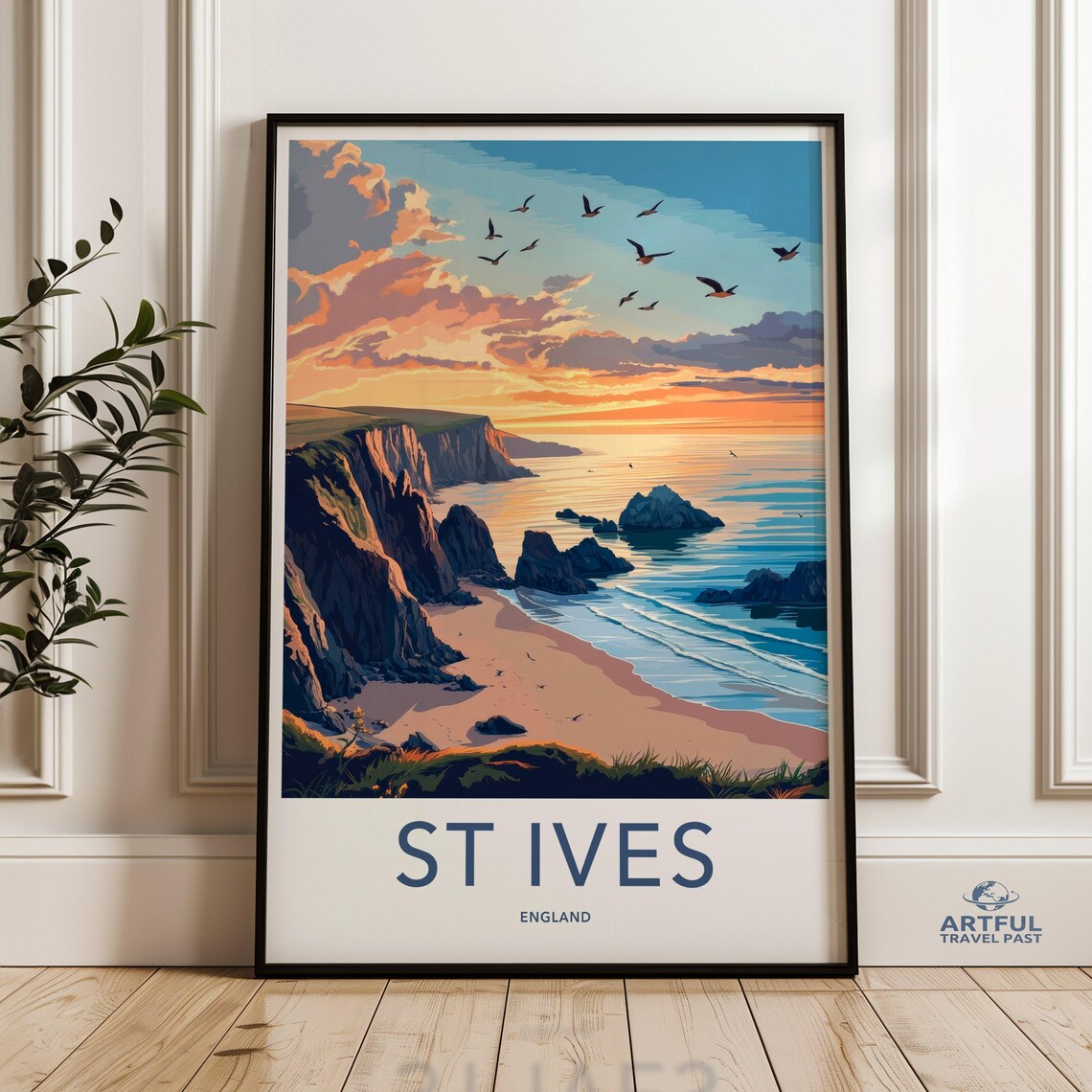 St Ives England Golden Sunset Beach Cliffs Seabirds Travel Poster
