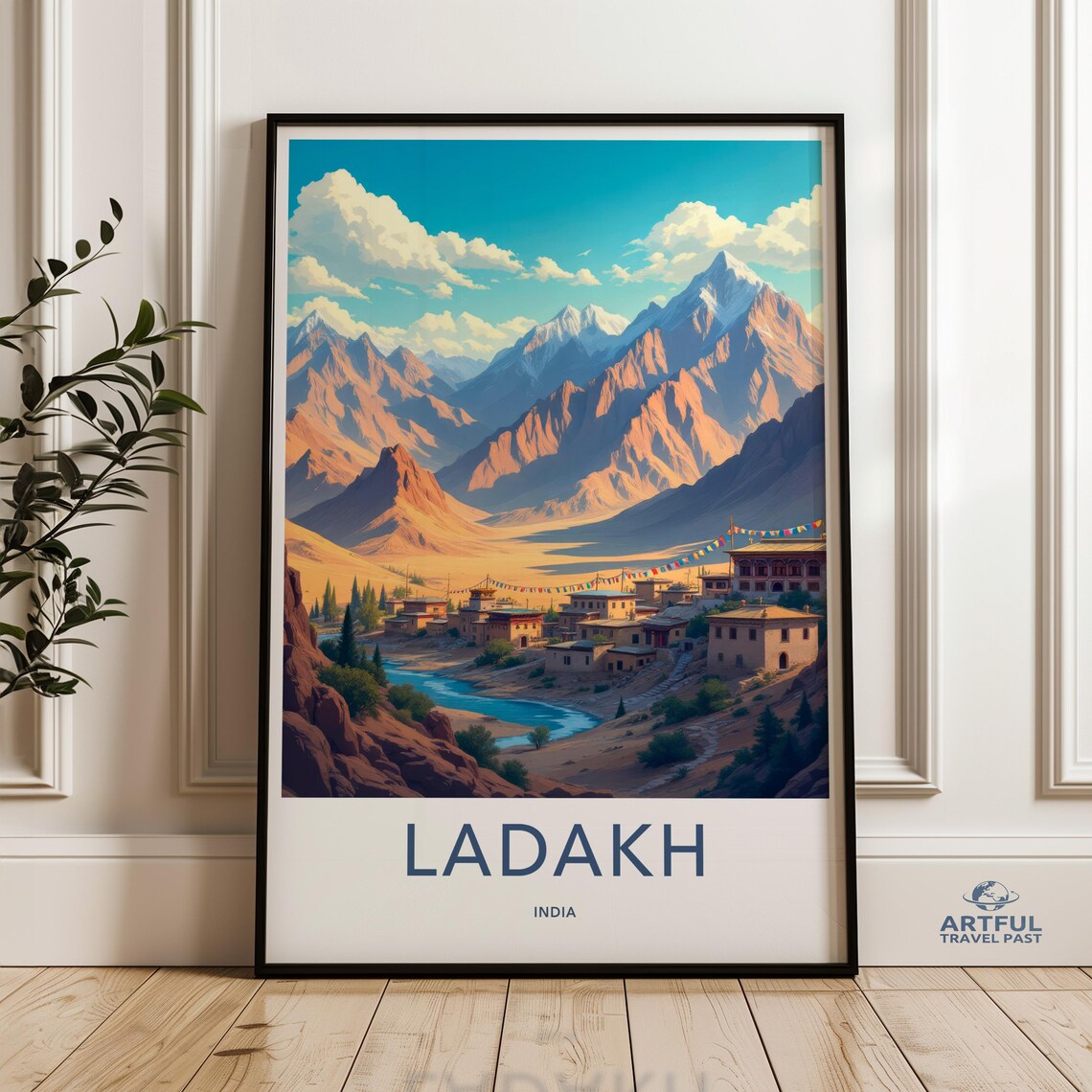 Ladakh India Mountain Village Prayer Flags River Valley Poster