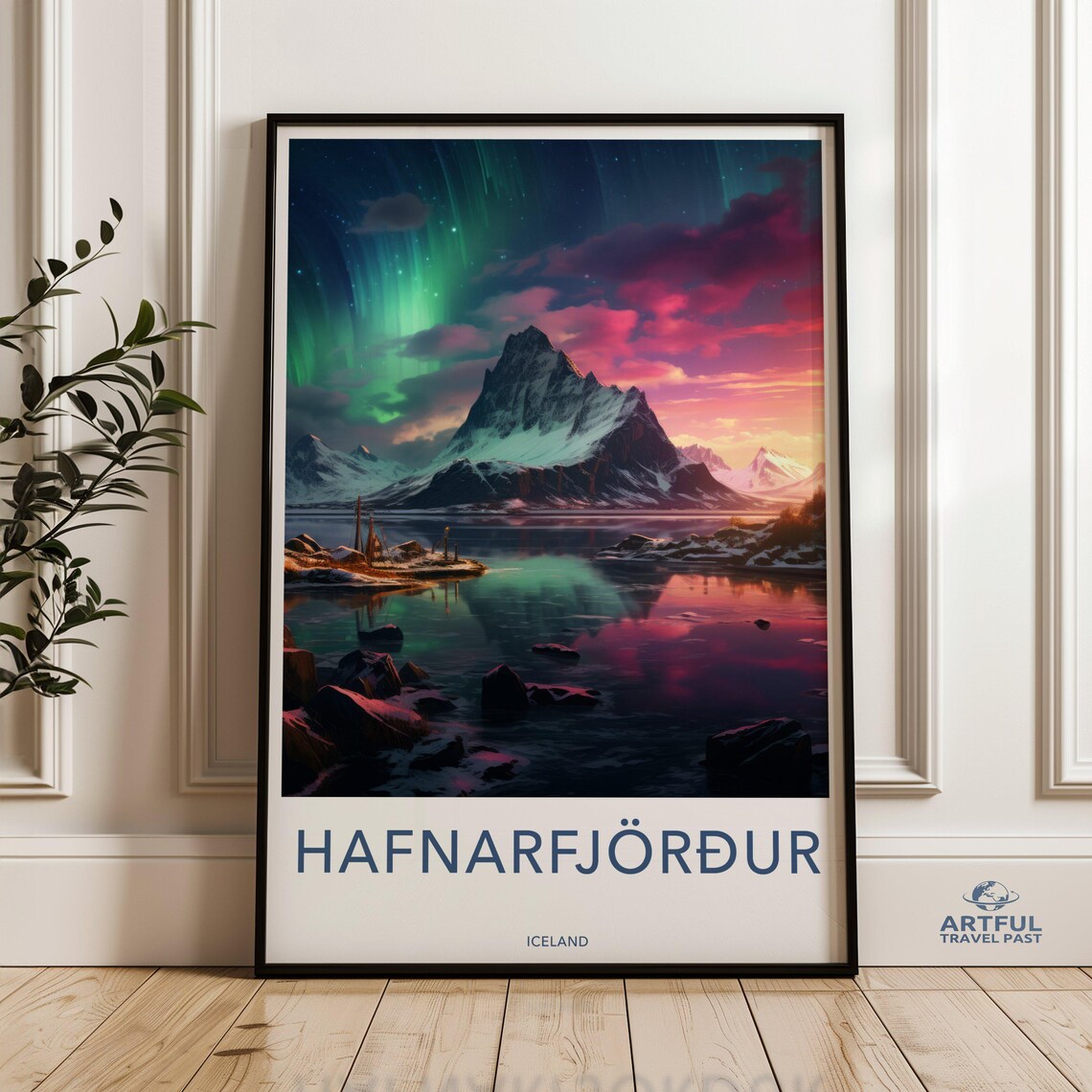 Hafnarfjordur Iceland Northern Lights Mountain Lake Travel Poster