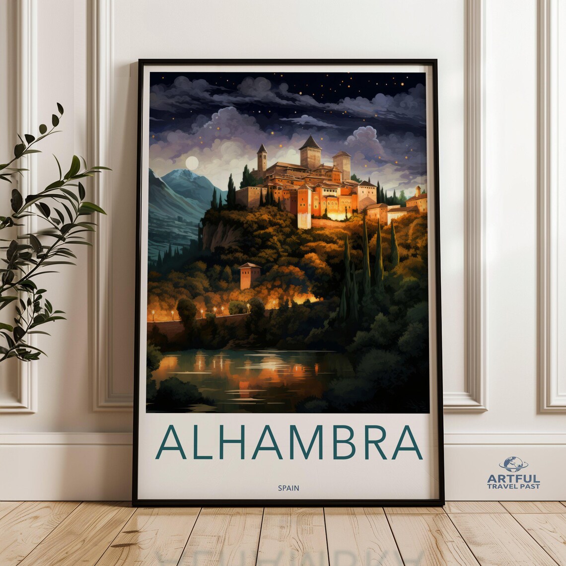 Alhambra Spain Moonlit Palace Hill Night View Vintage Travel Poster