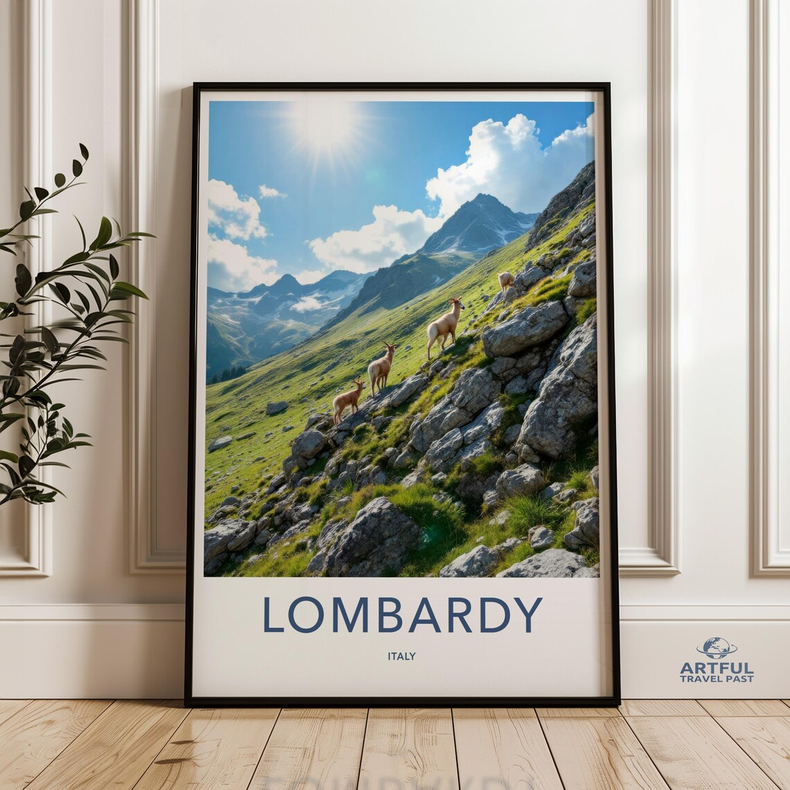 Lombardy Italy Mountain Goats Alpine Meadow Peaks Travel Poster